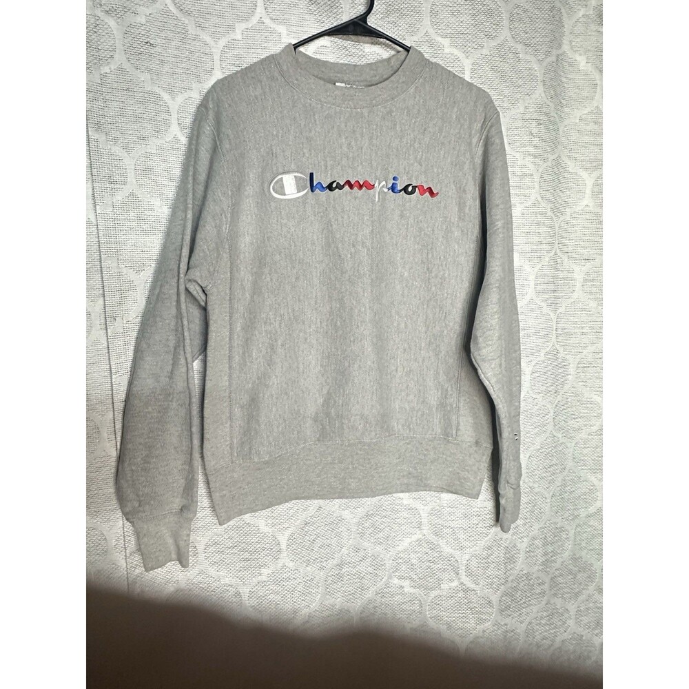 Champion Reverse Weave Heather Gray Rainbow Script Spellout Logo Crewneck Small